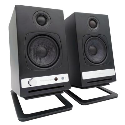 Audioengine A2 HD Black Wireless Desktop Speakers and DS1M Metal Stands