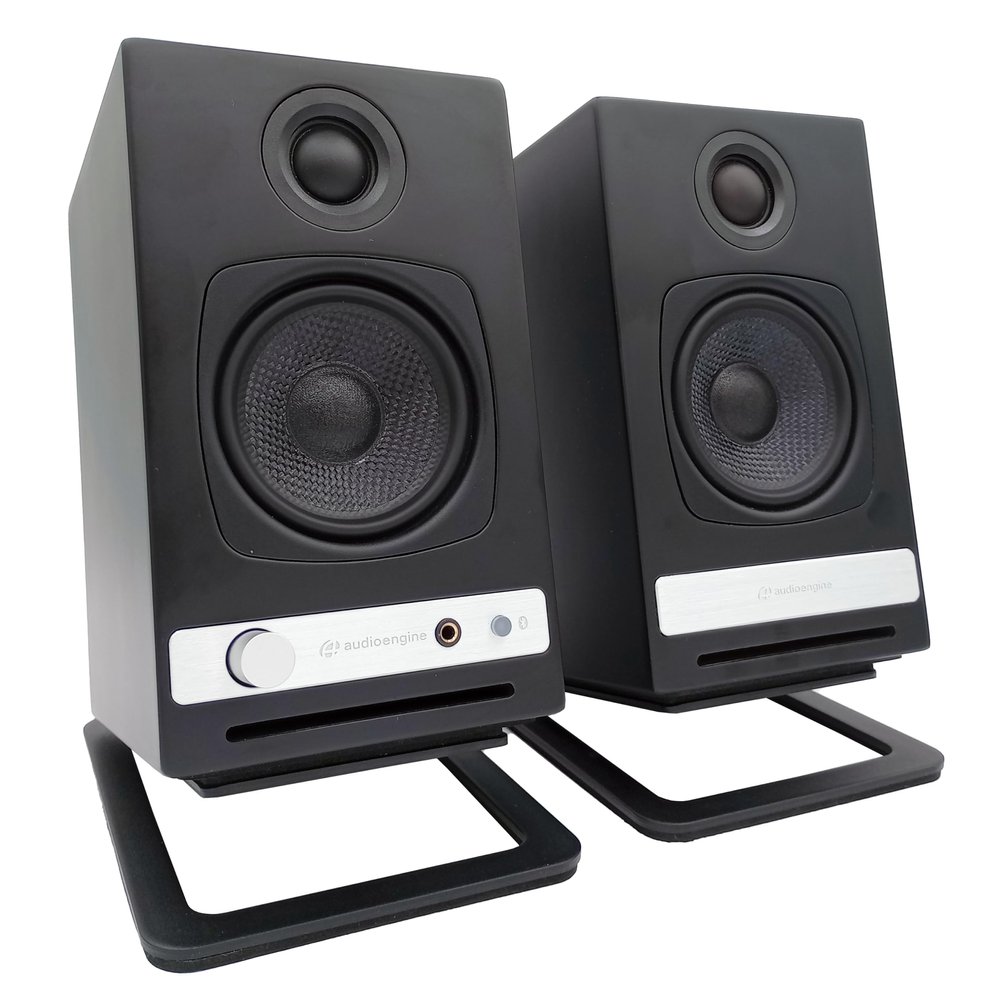 Audioengine A2 HD Black Wireless Desktop Speakers and DS1M Metal Stands