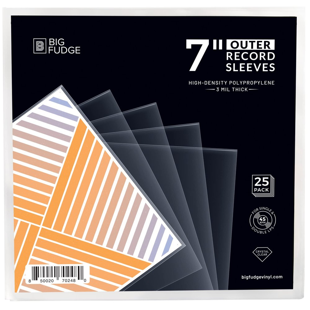BIG FUDGE 25x Vinyl Record Outer Sleeves 7 inch | Durable & Wrinkle-Free | Crystal Clear & Made from High-Density Polypropylene | Best Vinyl Covers for LPs & Singles | 3 mil Thick, 7.42" x 7.42