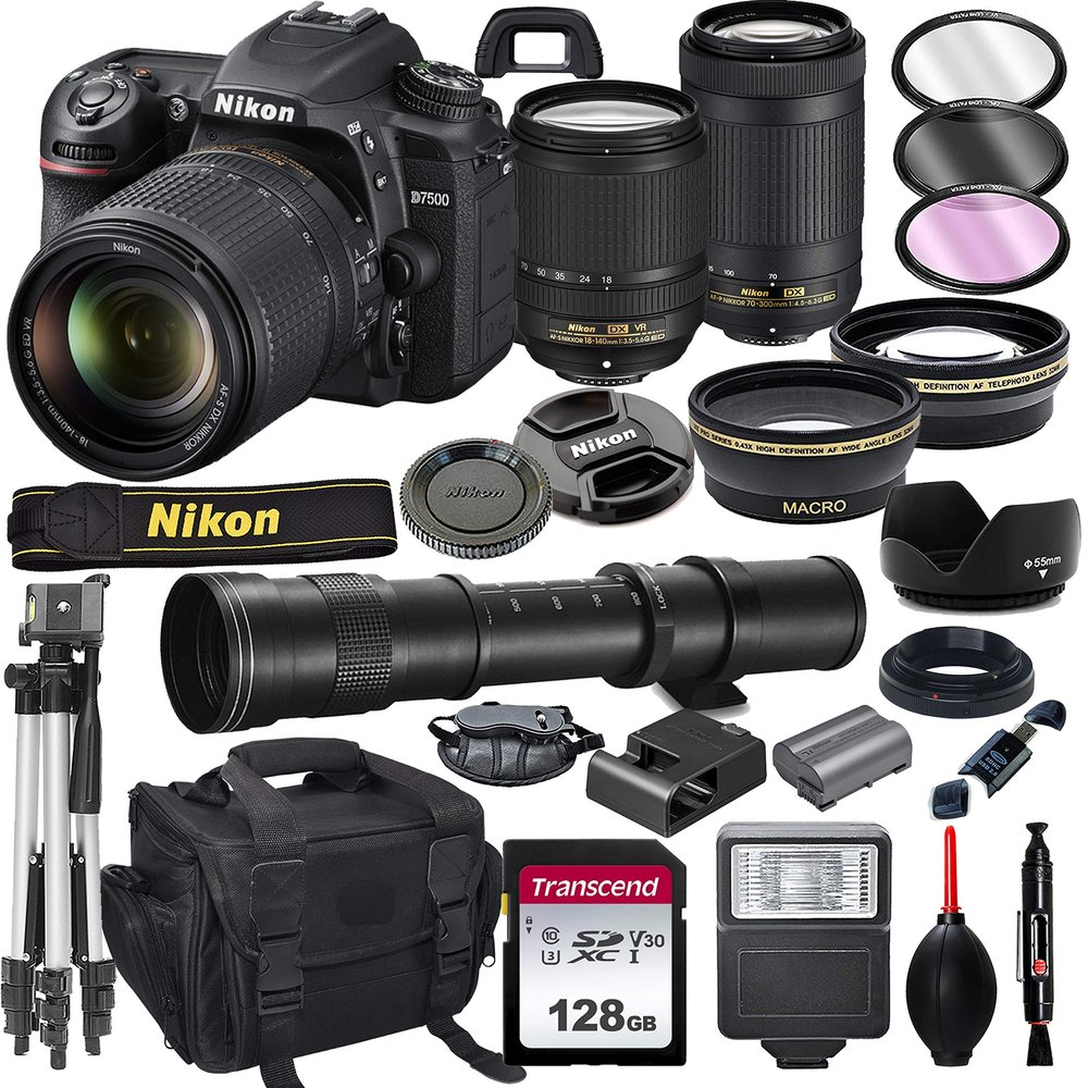 Nikon D7500 DSLR Camera with 18-140mm VR and 70-300mm Lens Bundle with 420-800mm Preset f/8 Telephoto Lens + 128GB Card, Tripod, Flash, and More (23pc Bundle) (Renewed)