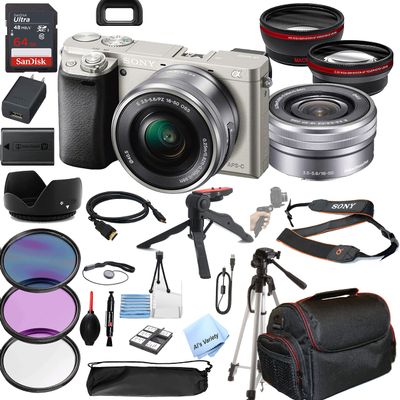 Sony Alpha a6400 Mirrorless Digital Camera (Silver) with 16-50mm Lens + 64GB Memory, Wide Angle + Telephoto Lens, Filters, Case, Tripod + More (28PC Bundle Kit) (Renewed)