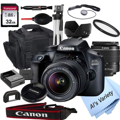 Canon EOS 4000D DSLR Camera with 18-55mm f/3.5-5.6 Zoom Lens + 32GB Card, Tripod, Case, and More (18pc Bundle) (Renewed)