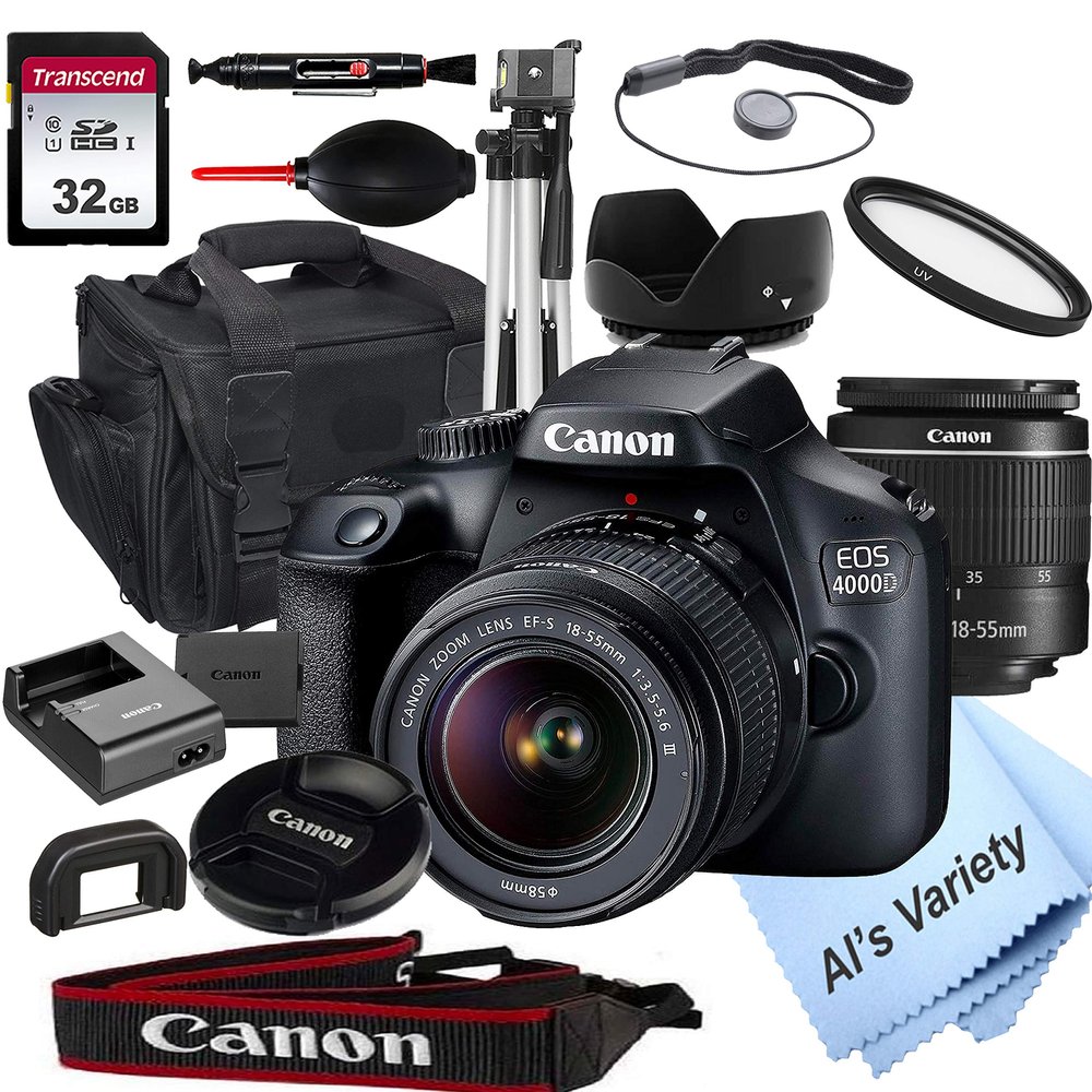 Canon EOS 4000D DSLR Camera with 18-55mm f/3.5-5.6 Zoom Lens + 32GB Card, Tripod, Case, and More (18pc Bundle) (Renewed)