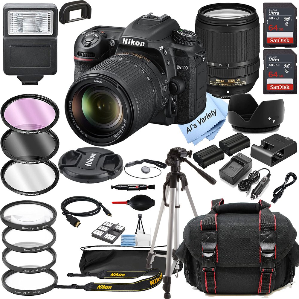 Nikon D7500 DSLR Camera with 18-140mm VR Zoom Lens, 128GB Memory, Case, Tripod, Filters (34pc Bundle)