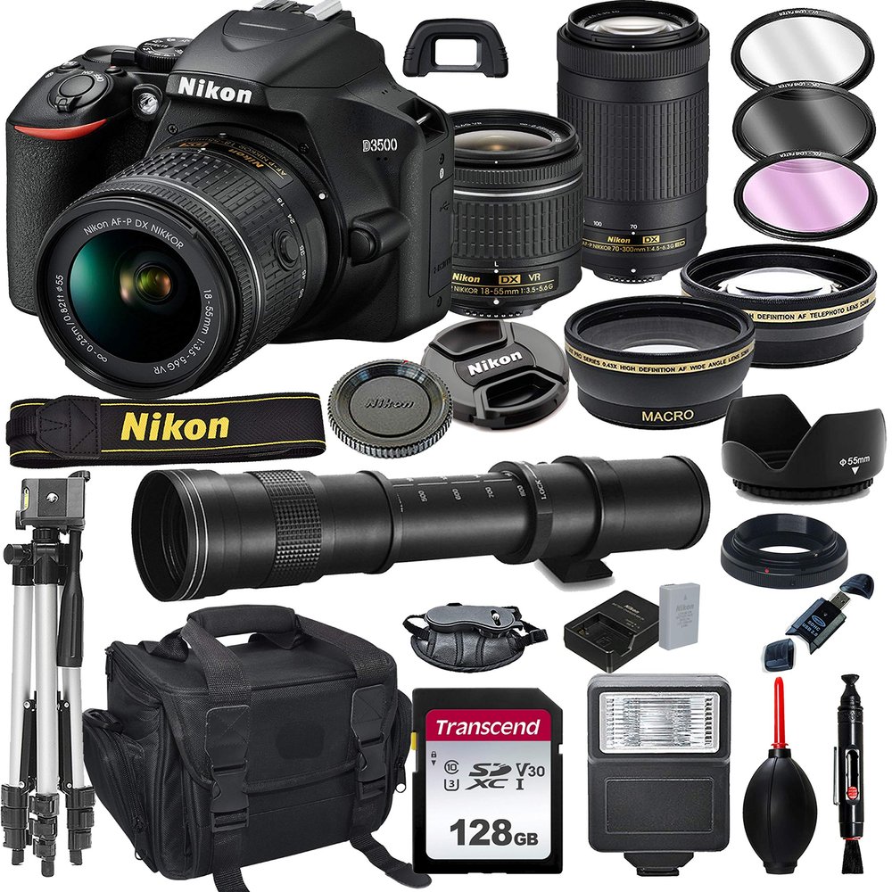 Nikon D3500 DSLR Camera with 18-55mm VR and 70-300mm Lens Bundle with 420-800mm Preset f/8 Telephoto Lens + 128GB Card, Tripod, Flash, and More (23pc Bundle) (Renewed)