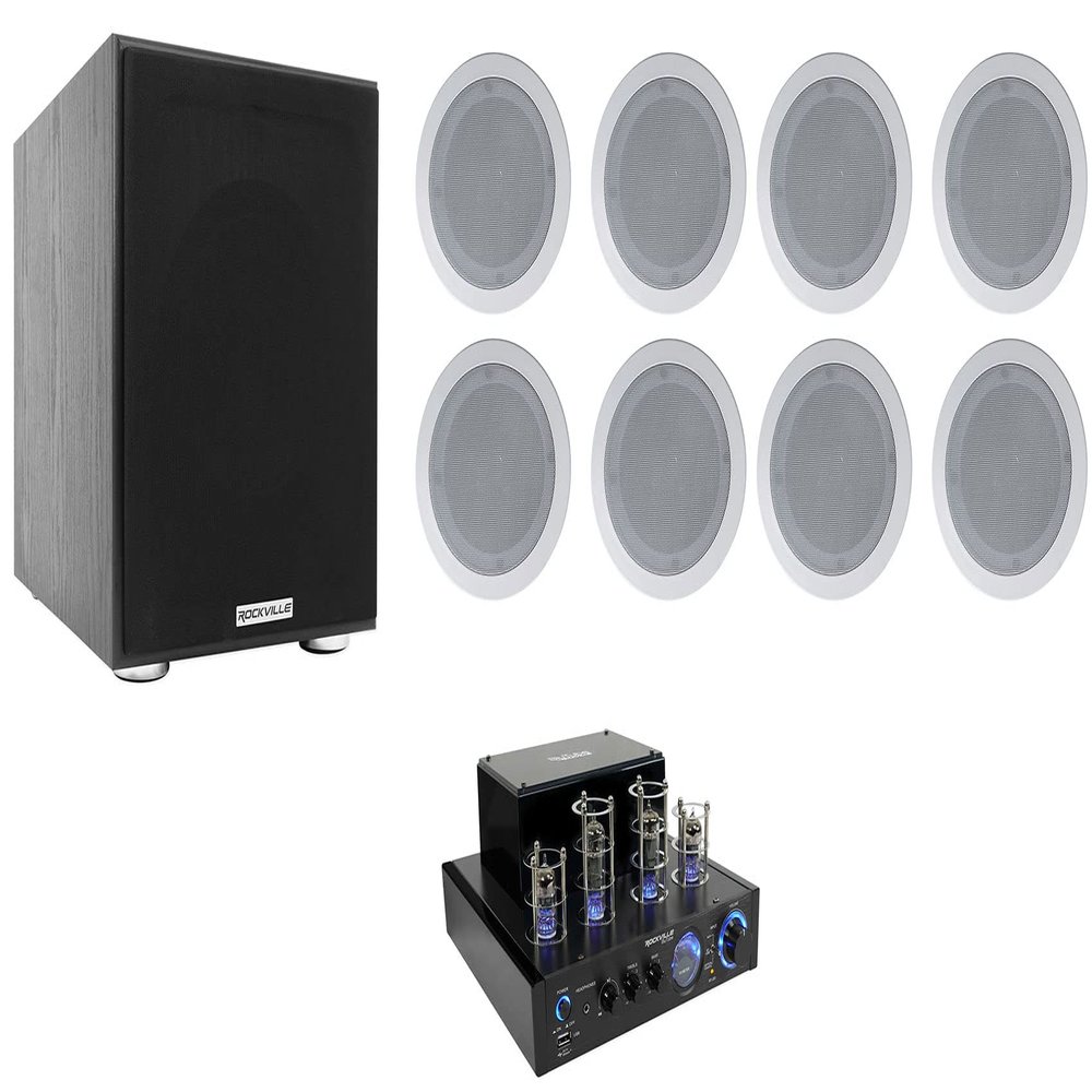 Rockville BluTube LED Tube Amplifier with 8 White Ceiling Speaker