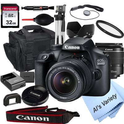 Canon EOS 3000D (Rebel T100) DSLR Camera with 18-55mm f/3.5-5.6 Zoom Lens + 32GB Card, Tripod, Case, and More (18pc Bundle) (Renewed)