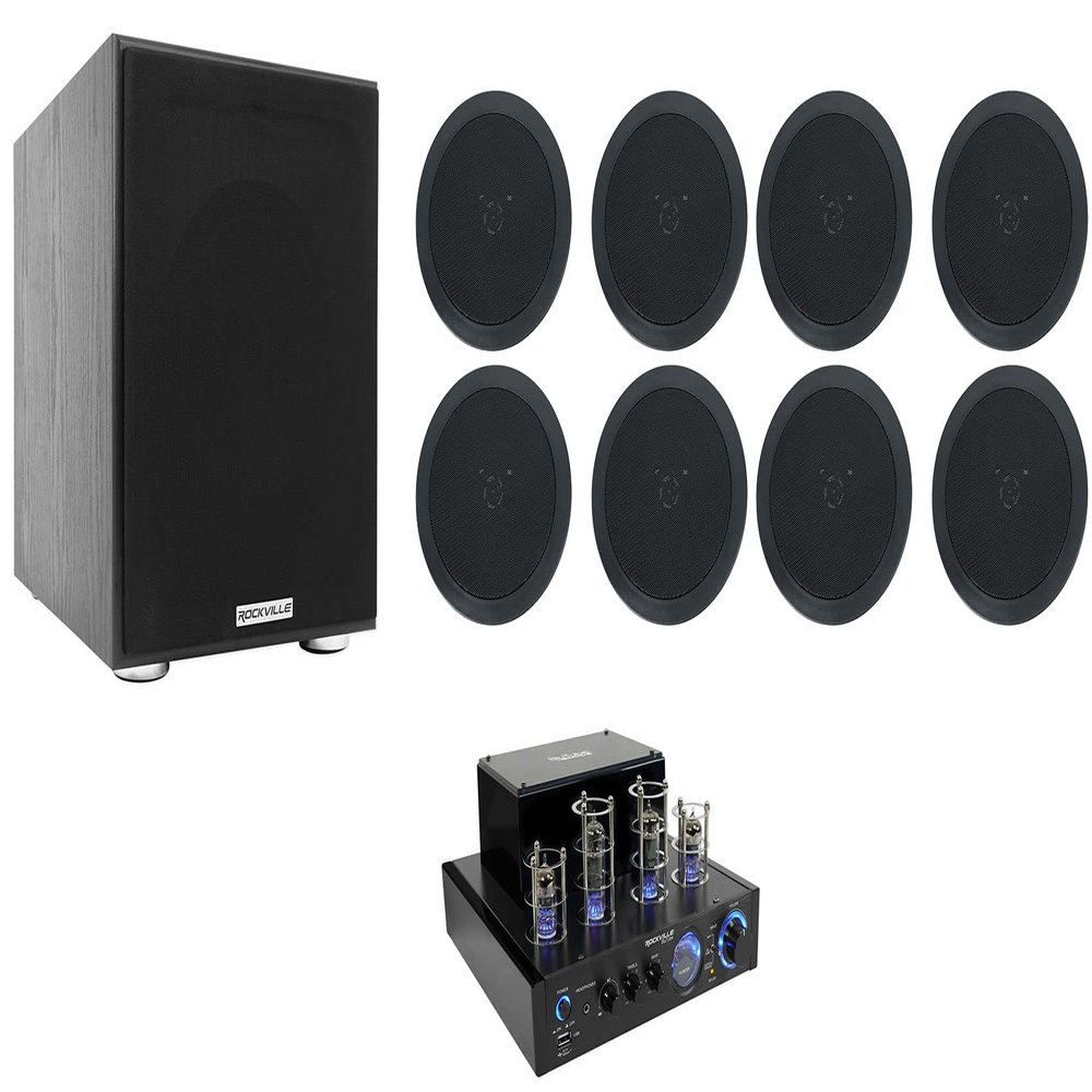 Rockville Tube Amp/Home Theater Receiver+(8) 5.25" Black Ceiling Speakers+8" Sub