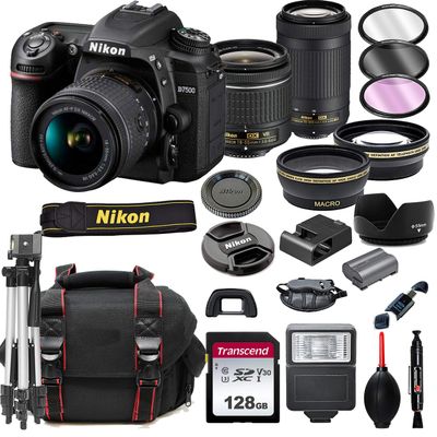 Nikon D7500 DSLR Camera with 18-55mm VR and 70-300mm Lenses + 128GB Card, Tripod, Flash, ALS Variety Lens Cloth, and More (Renewed)