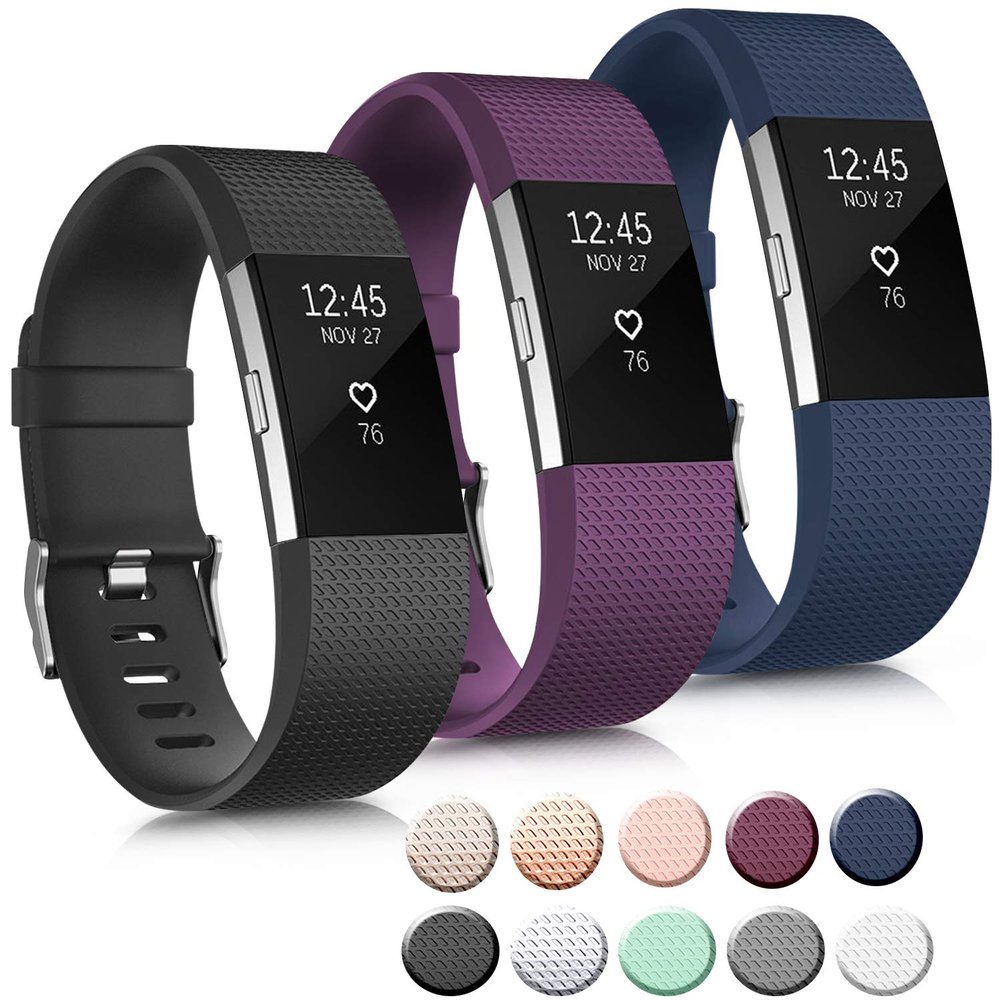 3 Pack Sport Bands Compatible with Fitbit Charge 2 Bands Women Men, Adjustable Replacement Strap Wristbands for Fitbit Charge 2 HR Small Large (Large, Black/Purple/Navy Blue)