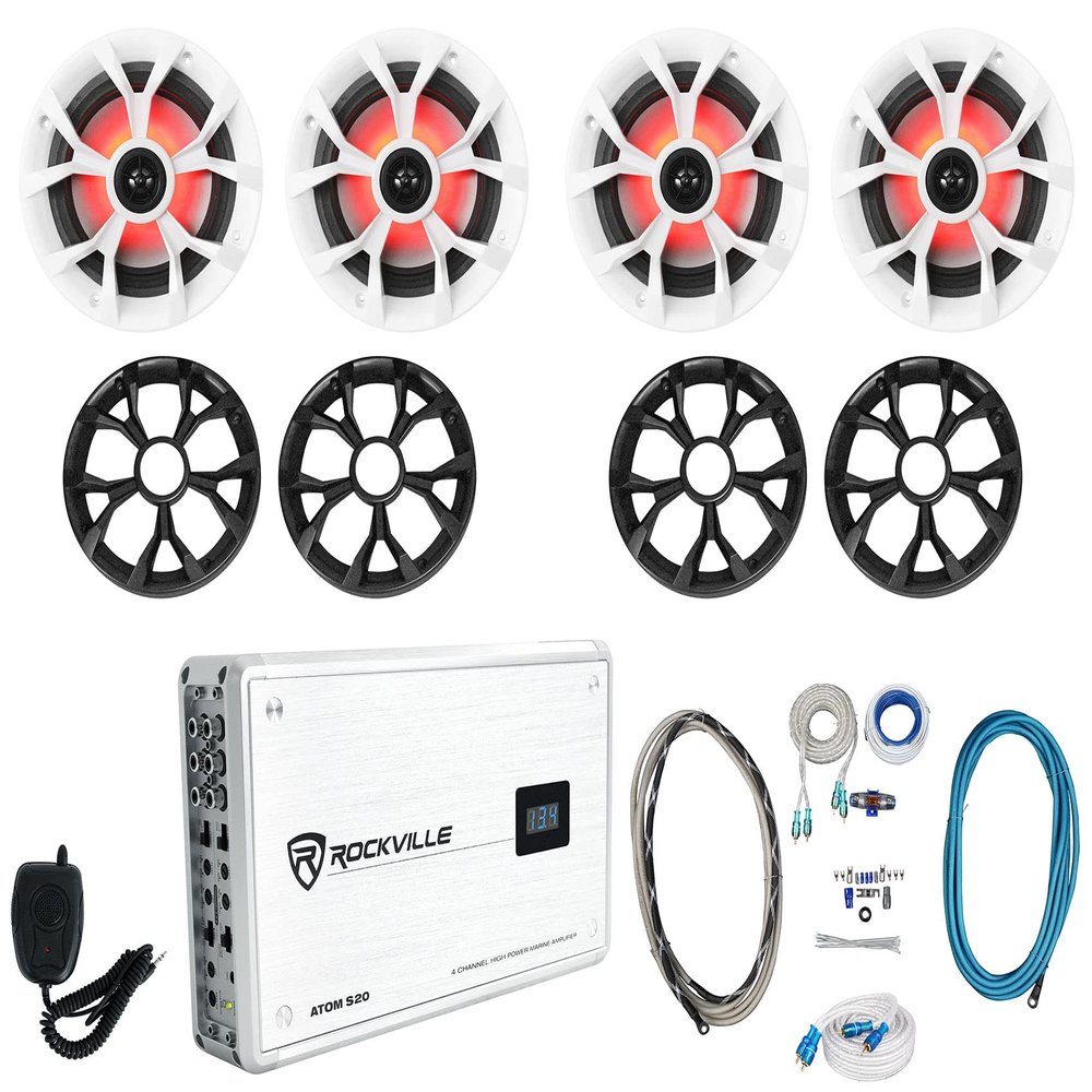 Rockville RKL65MBW Bundle: (4) 6.5 in 700W Peak/170W RMS Marine Speakers with LED and Black/White Grilles, Atom S20 4-Channel 1600W Bluetooth Amplifier, RMWK4 Amp Kit, MRCA25 RCA Cable, 7-Items