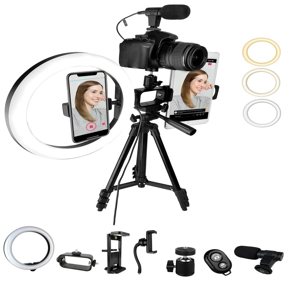 Premium 9-Piece Vlogging Kit for iPhone, Android & Cameras  Microphone, Tripod Stand & LED Light  YouTube, TikTok & Content Creator Bundle