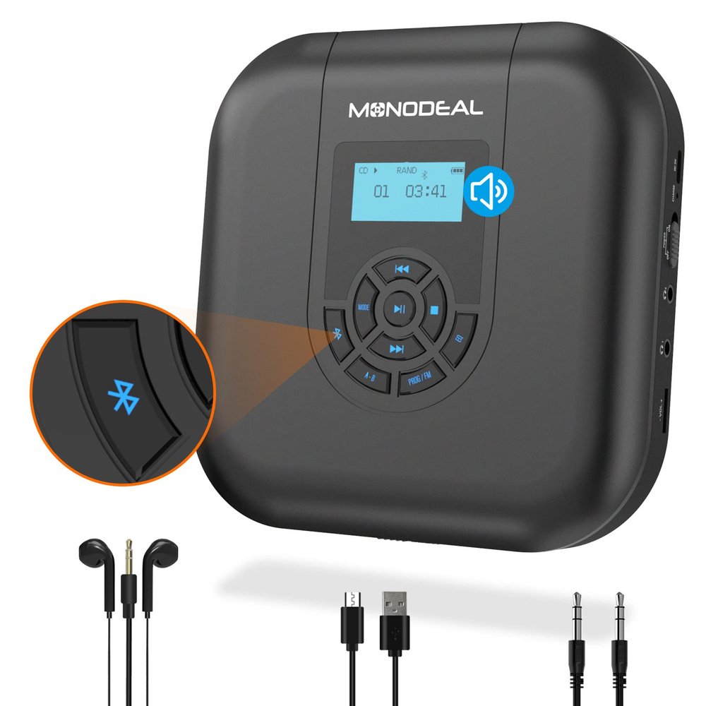 CD Player Portable, MONODEAL Bluetooth CD Player with Speakers and FM Transmitter, Rechargeable 1800mAh Player for Car and Home with LED Screen