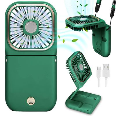 Portable Fan, Foldable Neck Fan with Lanyard, Mini USB Rechargeable Cooling Fan, Women Men Personal Handheld Fan Quiet Desk Fan, Phone Holder Mobile Power, for Travel Home Office Outdoor (Green)