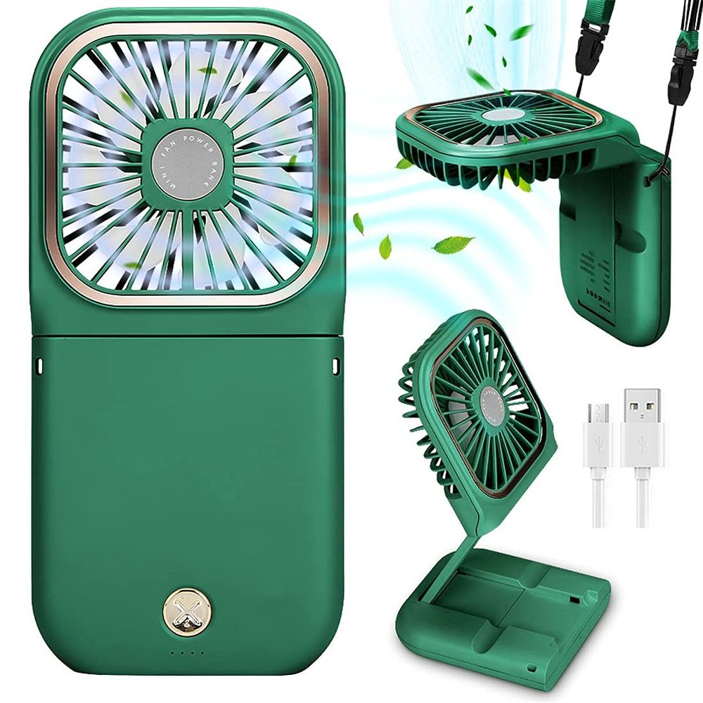 Portable Fan, Foldable Neck Fan with Lanyard, Mini USB Rechargeable Cooling Fan, Women Men Personal Handheld Fan Quiet Desk Fan, Phone Holder Mobile Power, for Travel Home Office Outdoor (Green)