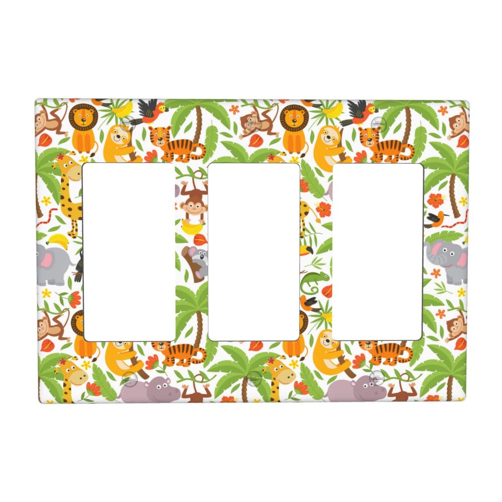 Jungle Animals 3-Gang Rocker Wall Plate Cover,Decorative Triple Rocker Decorator Light Switch Cover For Kids Teens Boys Girls Room Decor 4.50" X 6.38"Inch