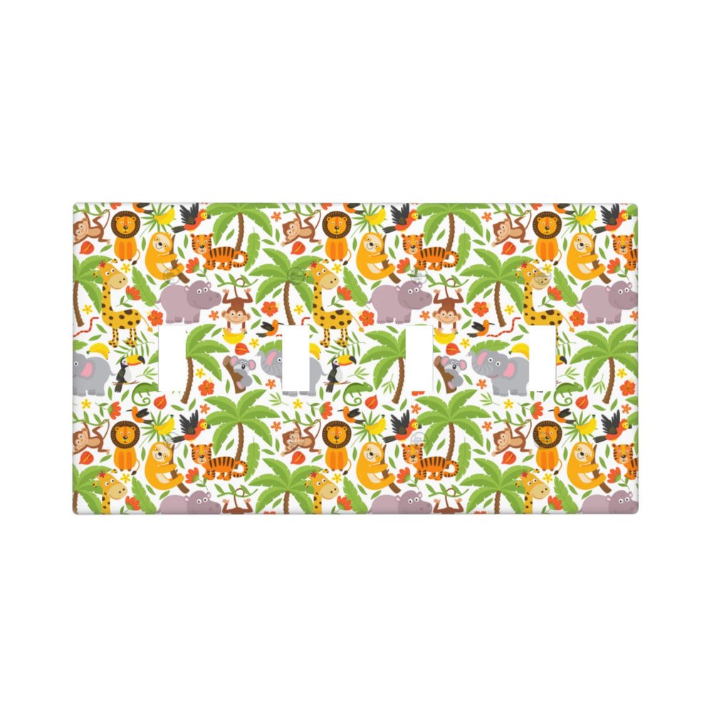 Jungle Animals Tiger Koala Giraffe Cute Light Switch Cover 4-Gang,Decorative Triple Toggle Wall Plate Switch Wallplate Cover Faceplate For Kids Teens Boys Girls Room Decor,4.50" X 7.95"Inch