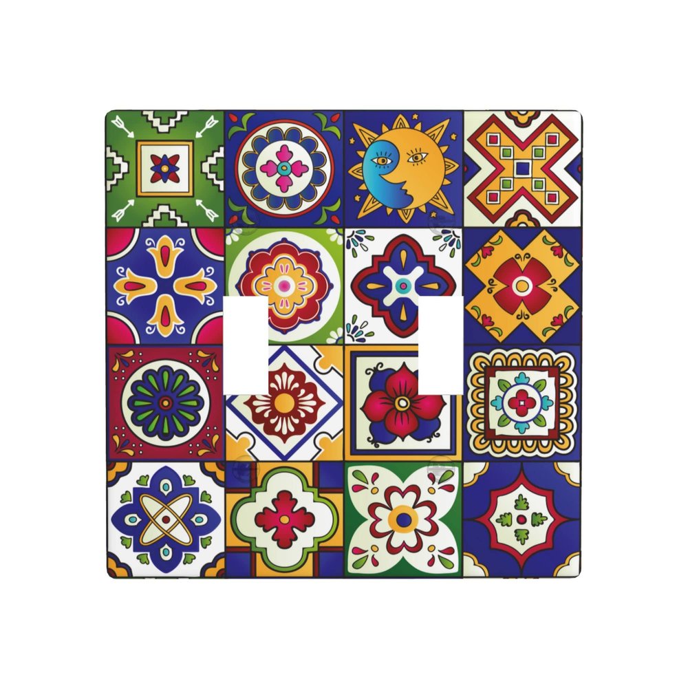 Mexican Talavera Tile Print Light Switch Cover 2-Gang,Decorative Double Toggle Wall Plate Switch Wallplate Cover Faceplate,4.50" X 4.50"Inch