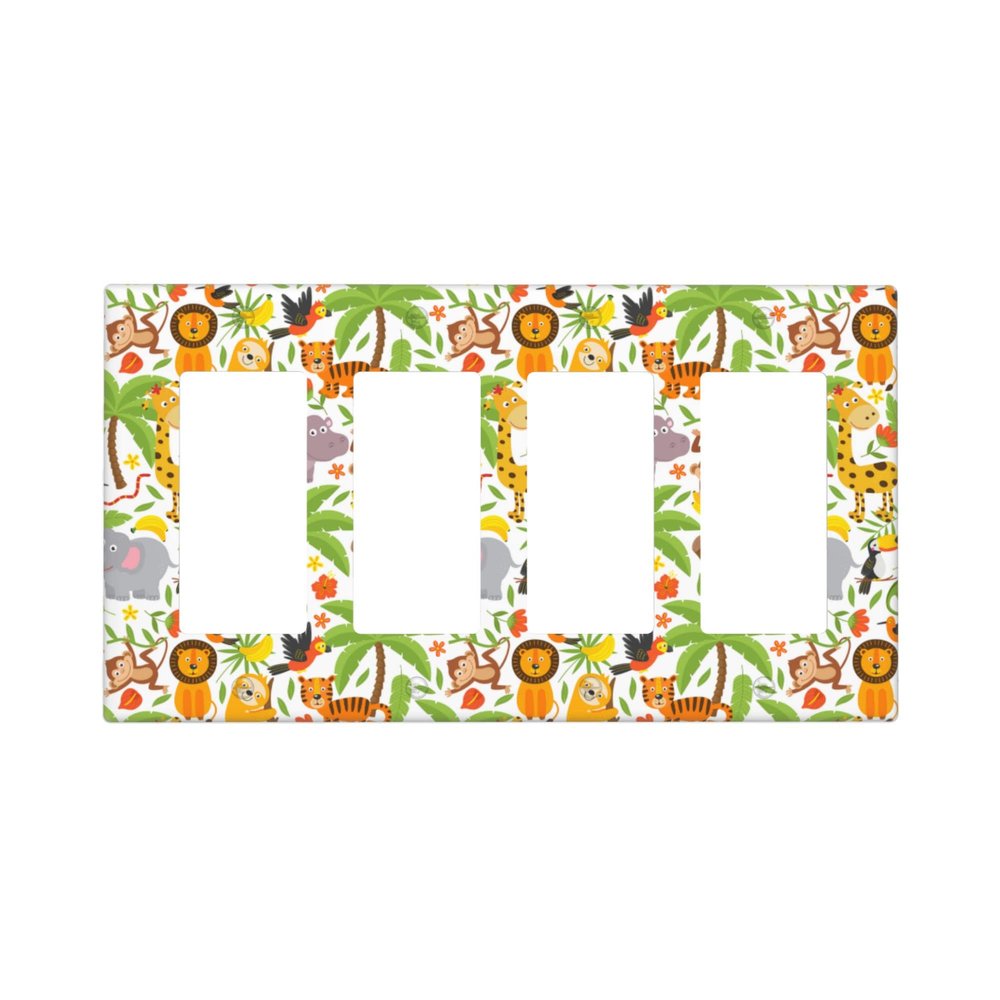 Jungle Animals 4-Gang Rocker Wall Plate Cover,Decorative Quadruple Rocker Decorator Light Switch Cover For Kids Teens Boys Girls Room Decor 4.50" X 7.95"Inch