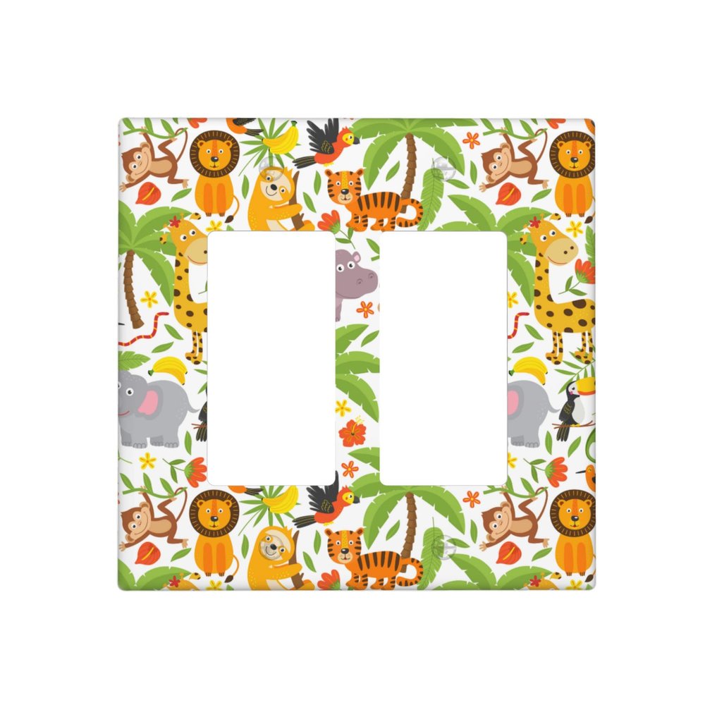 Jungle Animals 2-Gang Rocker Wall Plate Cover,Decorative Double Rocker Decorator Light Switch Cover For Kids Teens Boys Girls Room Decor 4.50" X 4.57"Inch