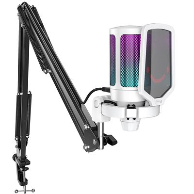 FIFINE Streaming Gaming USB Microphone Kit, PC Condenser RGB Mic Compatible with PS4/PS5, Plug and Play for Music Recording, Online Game, Discord, Twitch, with Pop Filter, Shock Mount-A6T White