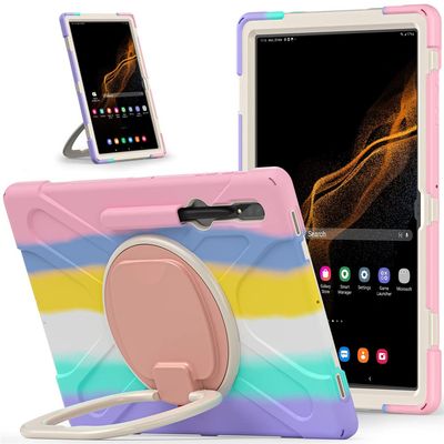 360 Rotation Case for Galaxy S8 Ultra 14.6" Sturdy Cover Rotate Ring Stand Shoulder Carrying Strap Hand Strap Rugged Children Outdoor Case (Colorful Pink, Tab S8 Ultra)