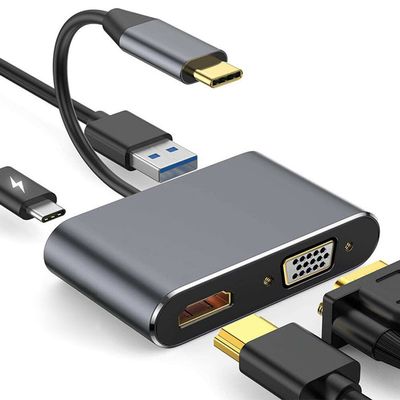 YRRNAE USB C to HDMI VGA Multiport Adapter, USB Type C 4 in 1 Hub to 4K HDMI/VGA/USB3.0/PD, Compatible with MacBook Pro, MacBook Air, iPad Pro, Pixelbook, XPS etc