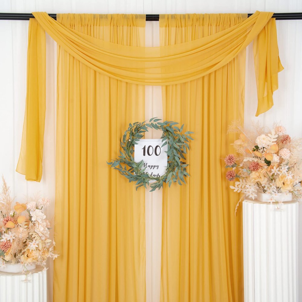ShinyBeauty Gold Chiffon Curtains 2 Panels 2.4x10 FT Chiffon Backdrop Curtain Drapes Voile Sheer Rod Pocket Curtains Party Backdrop for Birthday Baby Shower Decoration Chiffon Fabric Wedding Backdrop