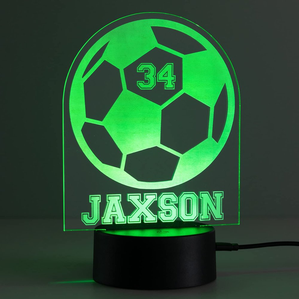 Personalized Planet Soccer Ball Multicolor LED Night Light with Custom Name and Jersey Number Laser Engraved on Acrylic Design Insert | Base Projects 7 RGB Colors | Includes USB Power Cable, 5.5x8.5