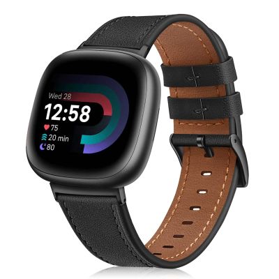 FINTIE Bands Compatible with Fitbit Versa 4 3 / Sense 2 1, Genuine Leather Band Replacement Accessories Strap Wristband (Black)