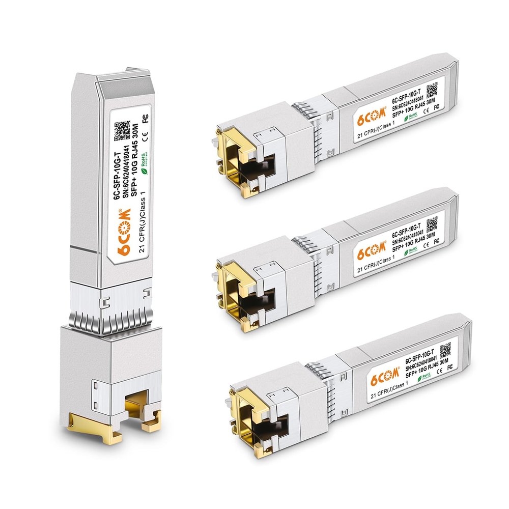 6COM 4Pack 1.25G/2.5G/5G/10GBase-T SFP+ Transceiver, 10G T SFP+ RJ45 Copper Module CAT.6a for Cisco SFP-10G-T-S, Ubiquiti UF-RJ45-10G, Fortinet, Netgear, D-Link, Supermicro, TP-Link, up to 30m