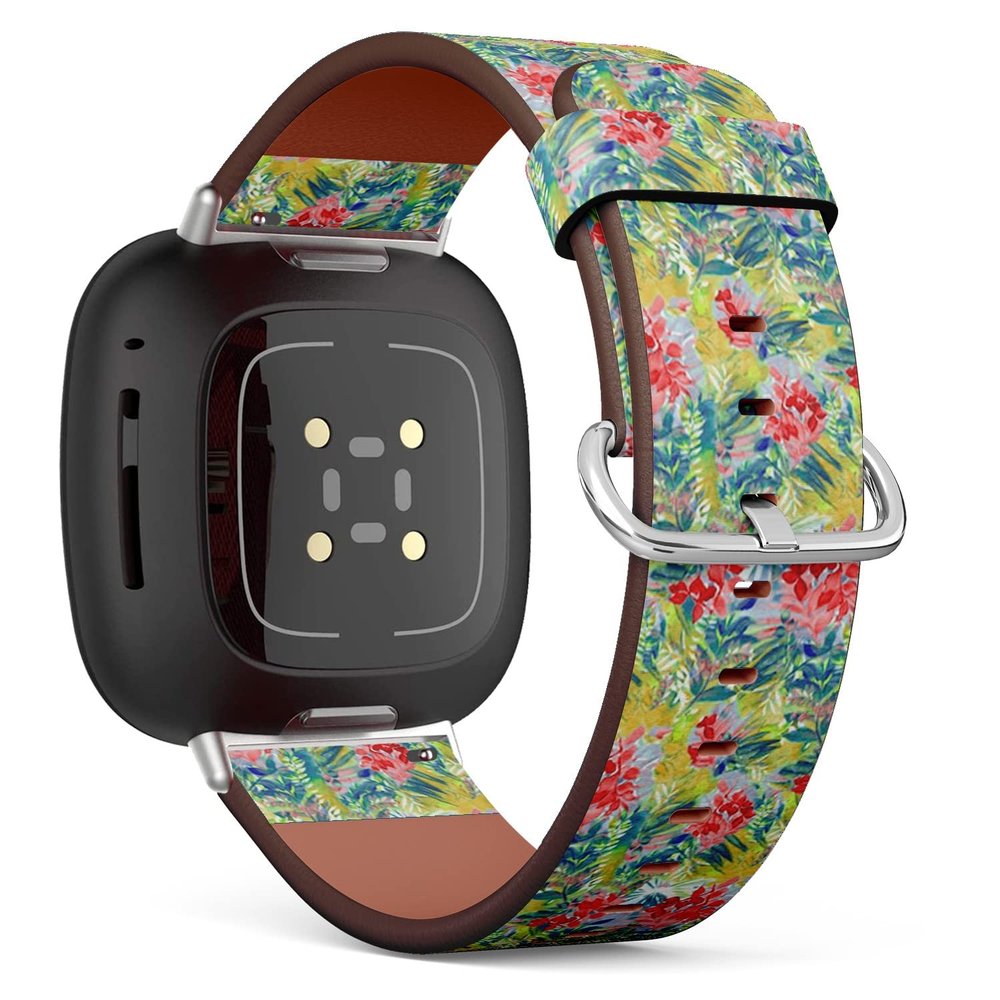 CJBROES Replacement Leather Watch Band, Compatible with Fitbit Versa 3 and Fitbit Sense of Wristband Bracelet Accessory - Leaves Design