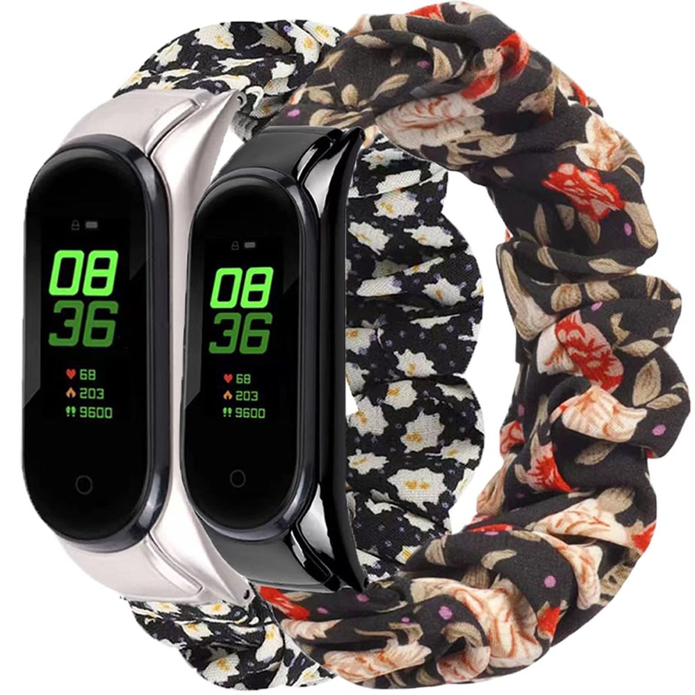 2 Packs Compatible with Amazfit Band 5 Mi Band 5 Mi Band 6 Bands for Women Girl, Scrunchies Cloth Soft Pattern Printed Fabric Wristband Bracelet Elastic Straps for Amazfit Band 5 Fitness Tracker