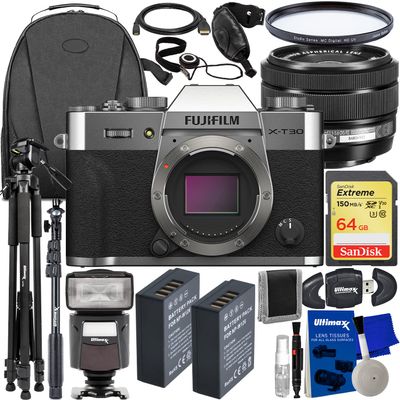 FUJIFILM X-T30 II Mirrorless Camera with XC 15-45mm OIS PZ Lens (Silver) + SanDisk 64GB Extreme SDXC, 2X Spare Batteries, Multi-Coated UV Filter, Universal Speedlite & Much More (27pc Bundle)