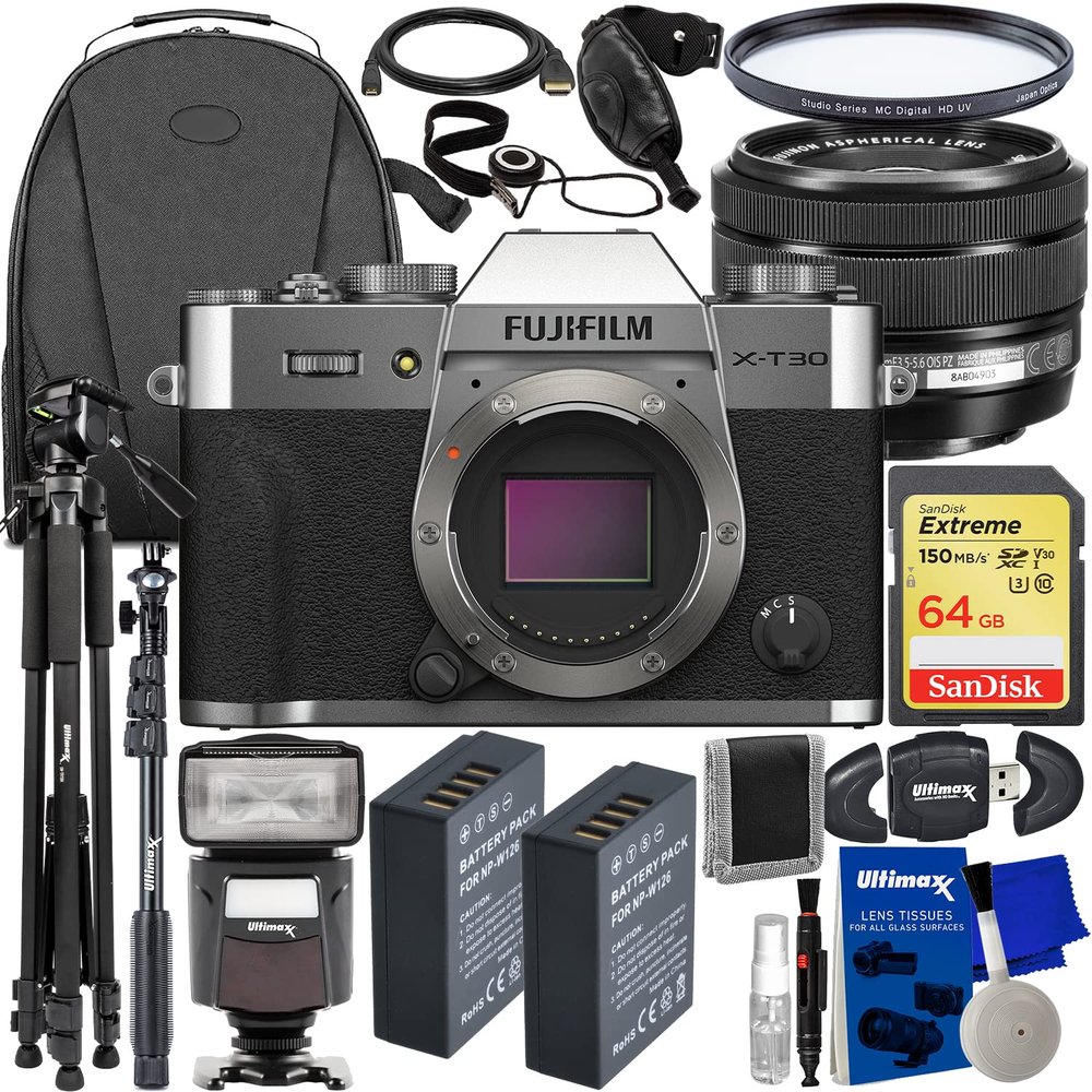 FUJIFILM X-T30 II Mirrorless Camera with XC 15-45mm OIS PZ Lens (Silver) + SanDisk 64GB Extreme SDXC, 2X Spare Batteries, Multi-Coated UV Filter, Universal Speedlite & Much More (27pc Bundle)