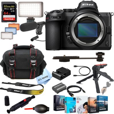 Nikon Z5 Mirrorless Digital Camera 24.3MP Body (No Lens) + Shot-Gun Microphone + LED Always on Light+ 64GB Extreme Speed Card, Gripod, Case, and More (26pc Video Bundle)