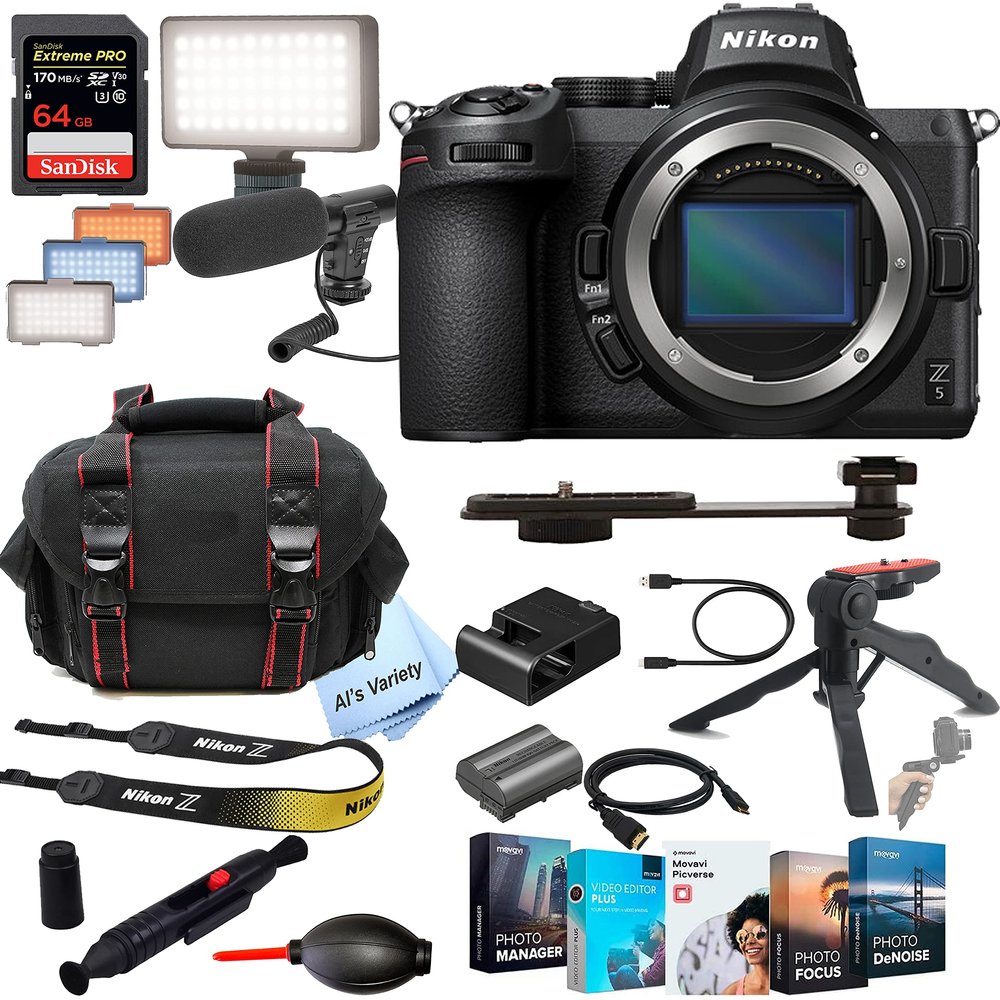 Nikon Z5 Mirrorless Digital Camera 24.3MP Body (No Lens) + Shot-Gun Microphone + LED Always on Light+ 64GB Extreme Speed Card, Gripod, Case, and More (26pc Video Bundle)