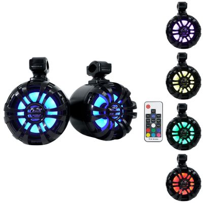 Rockville WB65KLS Black Pair 6.5" 300W Marine Wakeboard Tower Speakers, Waterproof, Multi-Color LED Lighting, Polypropylene Mica Cone, 4 Ohm, 360 Degree Swivel Brackets for Boats & ATVs