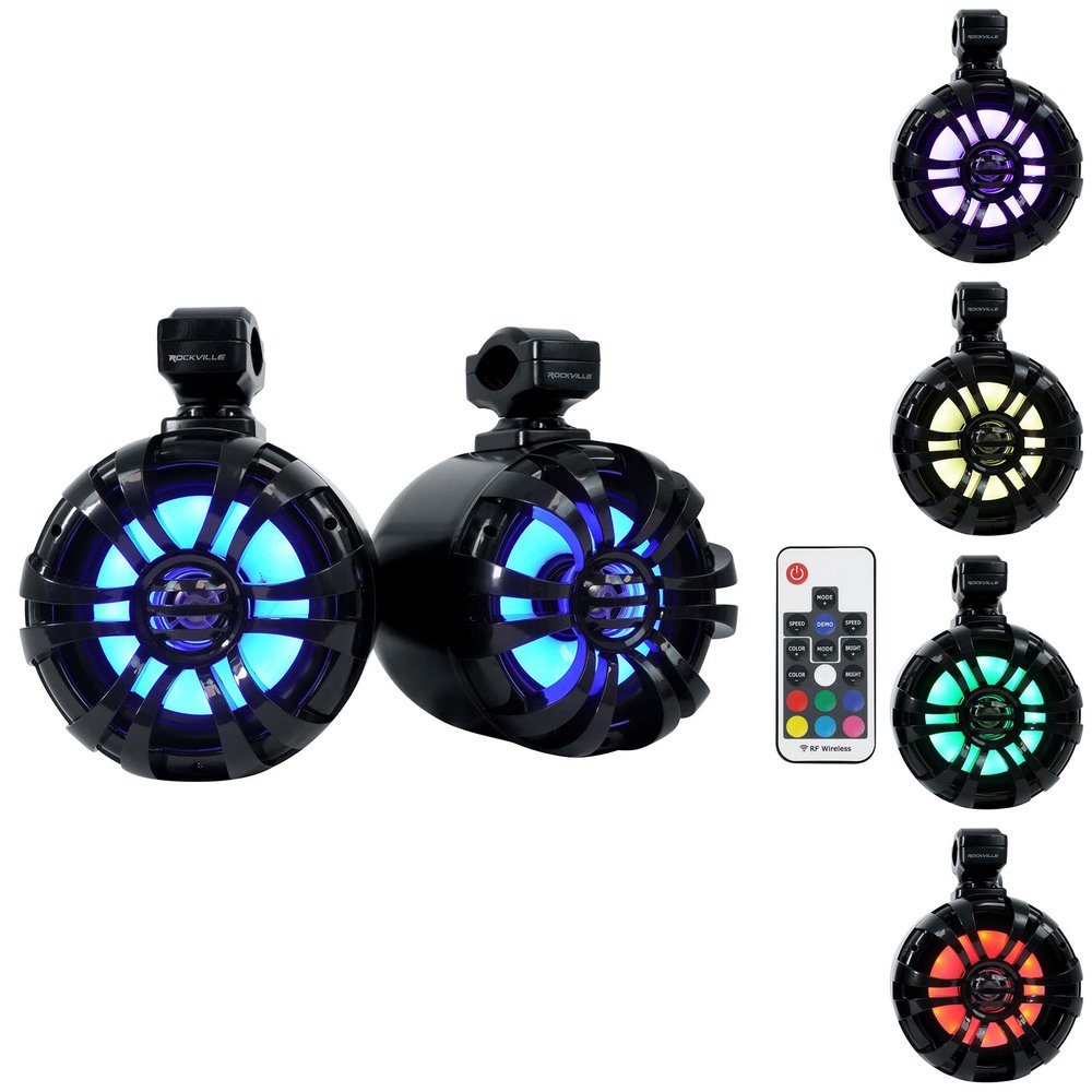 Rockville WB65KLS Black Pair 6.5" 300W Marine Wakeboard Tower Speakers, Waterproof, Multi-Color LED Lighting, Polypropylene Mica Cone, 4 Ohm, 360 Degree Swivel Brackets for Boats & ATVs