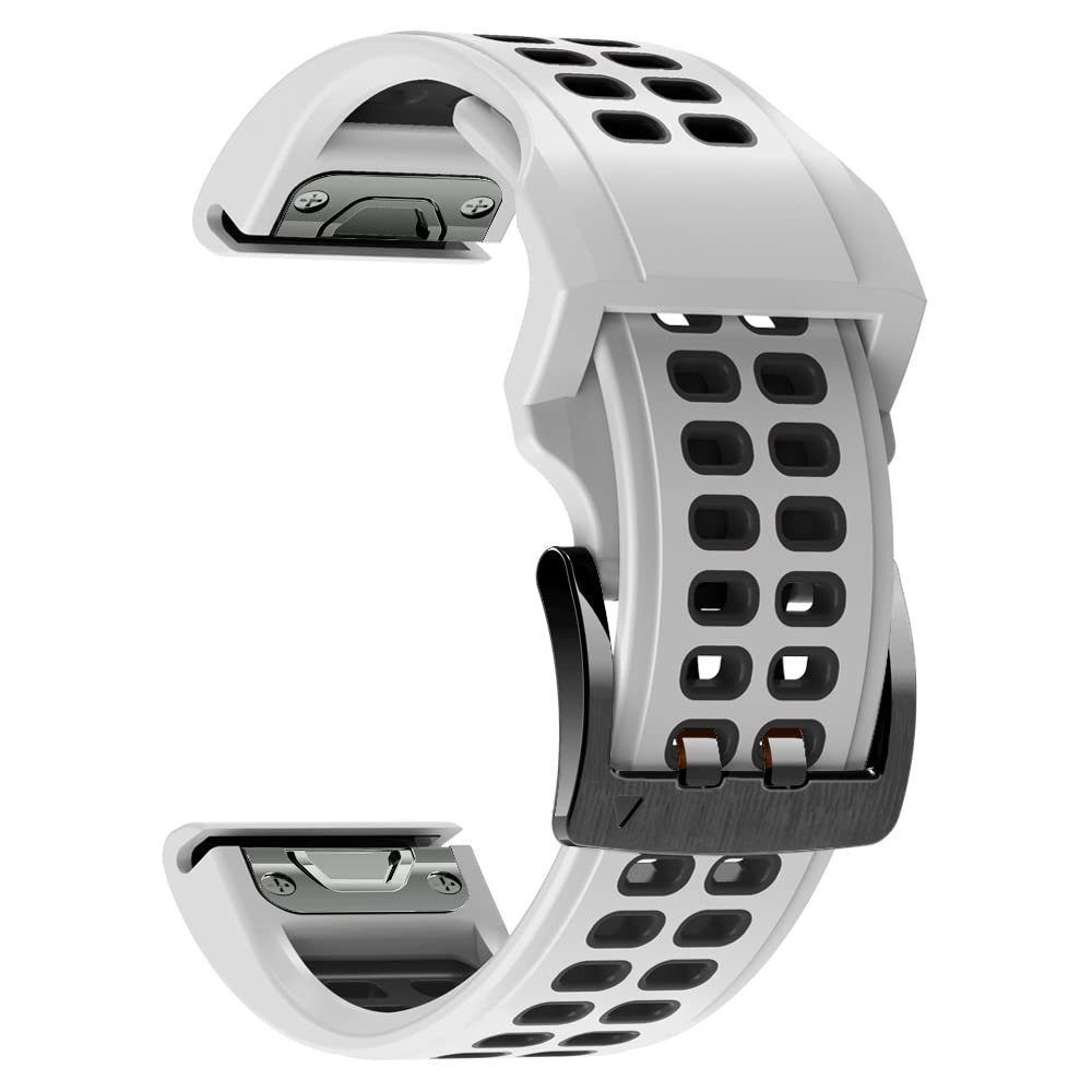 Threeeggs for Garmin Fenix 7X Watch Band, 26mm Quick Release Silicone Soft Replacement Strap for Fenix 6X, Fenix 5X, Fenix 3, Fenix 3 Sapphire, Descent Mk1, Quatix 3, Tactix Bravo (White-Black)