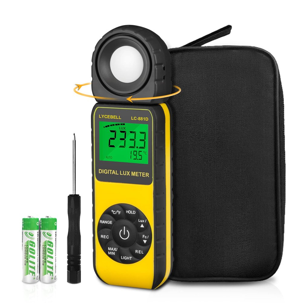 LYCEBELL Digital Illuminance Light Meter, LC-881D Luxmeter Range up to 400,000 Lux with 270 Rotated Date Hold Max/Min Backlit for Photography Plant LED Light