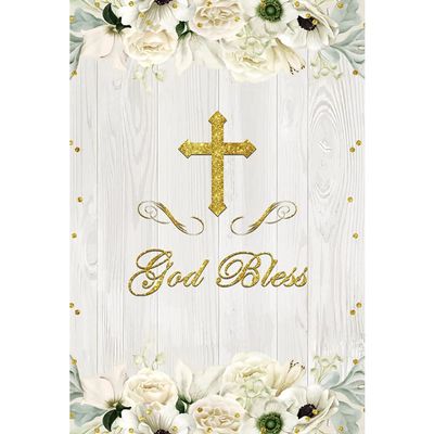 10x12FT God Bless Baptism Backdrop First Holy Communion Christening Banner White Flower Baby Shower Party Decor White Wood Board Photography Background for Girls Photo Shoot Props