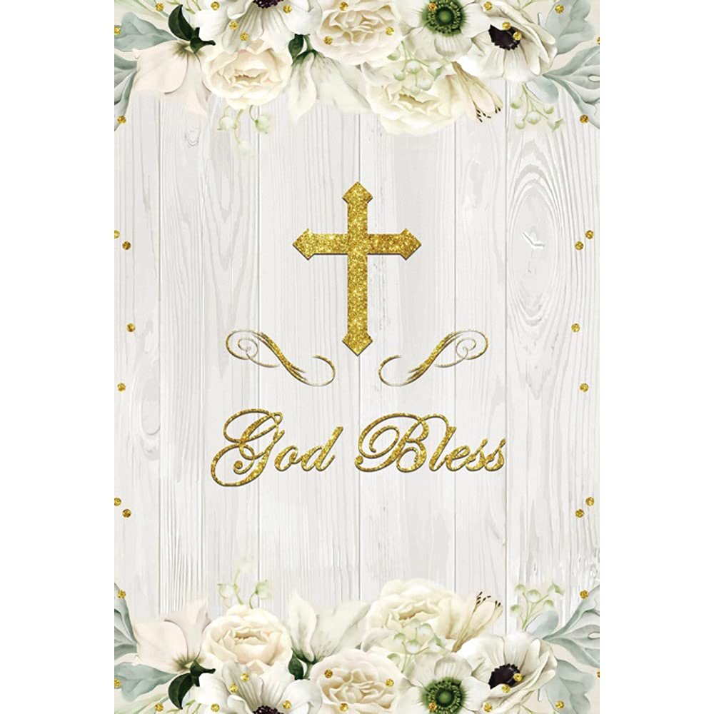 10x12FT God Bless Baptism Backdrop First Holy Communion Christening Banner White Flower Baby Shower Party Decor White Wood Board Photography Background for Girls Photo Shoot Props