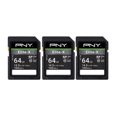 PNY 64GB Elite-X Class 10 U3 V30 SDXC Flash Memory Card - 100MB/s, Class 10, U3, V30, 4K UHD, Full HD, UHS-I, Full Size (Pack of 3)