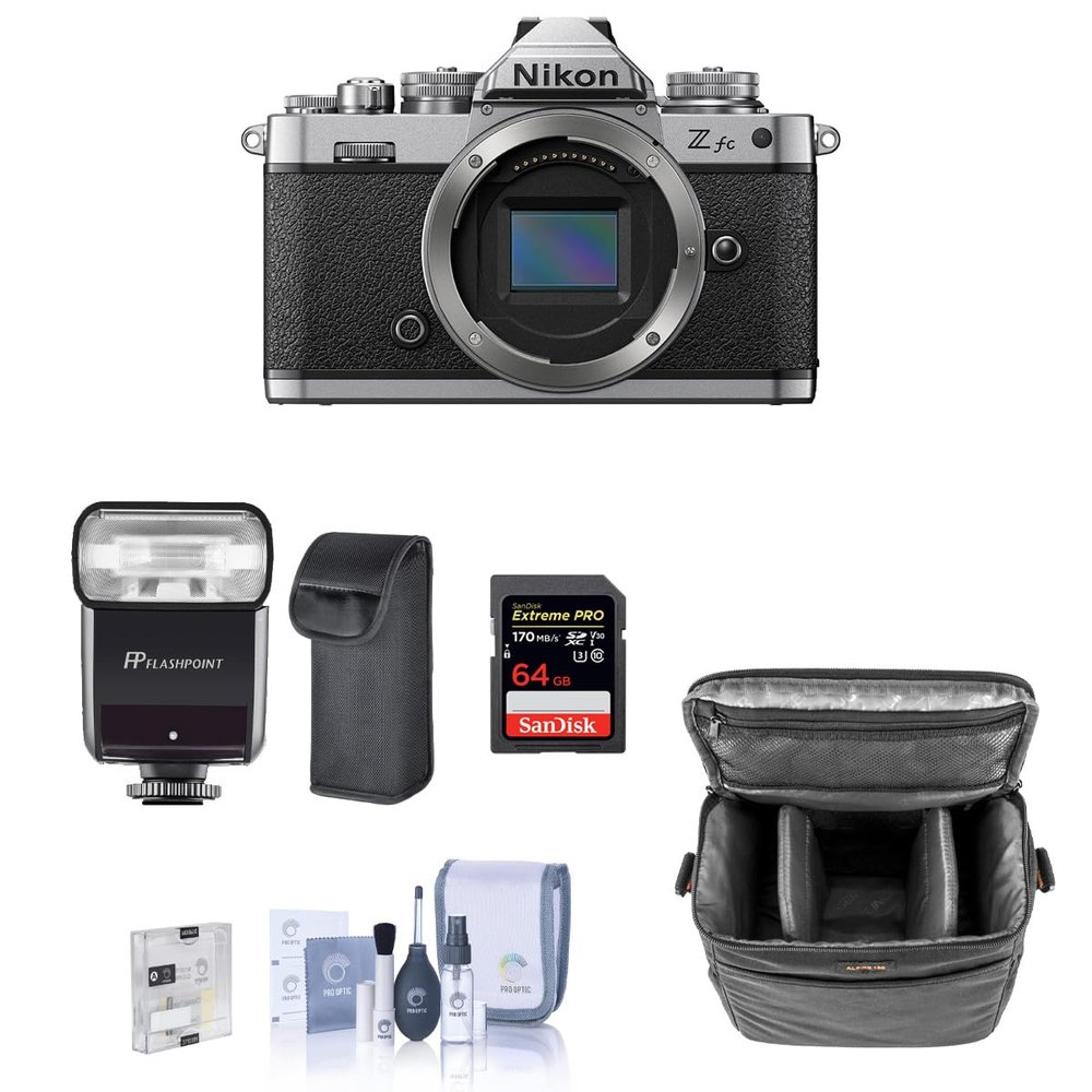 Nikon Z fc DX-Format Mirrorless Camera Bundle with Flashpoint Zoom-Mini TTL R2 Flash, 64GB SD Card, Bag, Screen Protector, Cleaning Kit