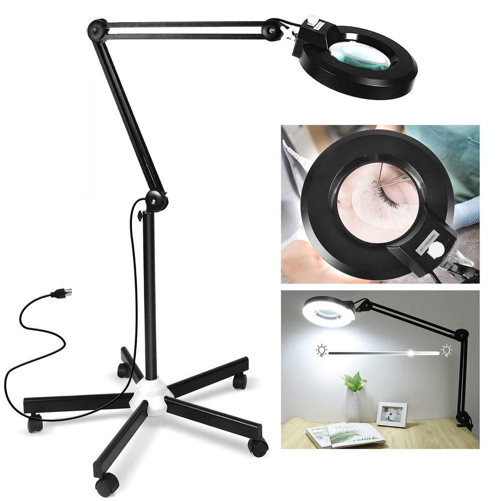 LANCOSC 10X Magnifying Glass with Light and Stand, Floor Lamp with 5-Wheel Rolling Base for Facials Lash Estheticians, 2,200 Lumens Dimmable LED Lighted Magnifier for Reading Sewing Crafts - Black