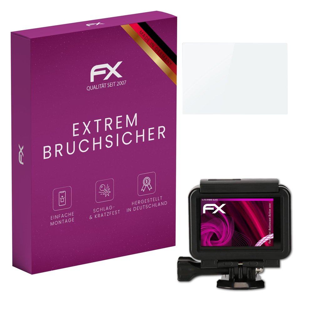 atFoliX Plastic Glass Protective Film compatible with Rollei Actioncam Action one, 9H Hybrid-Glass FX Screen Protector