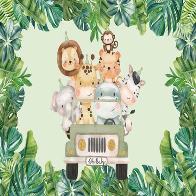 12x10ft Jungle Animals Oh Baby Backdrop Wild Animals Tropical Leaves Baby Shower Photography Background Cartoon Safari Animals Green Car Gender Neutral Baby Shower Decoration Photo Booth Props