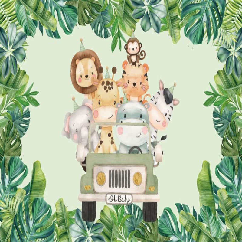 12x10ft Jungle Animals Oh Baby Backdrop Wild Animals Tropical Leaves Baby Shower Photography Background Cartoon Safari Animals Green Car Gender Neutral Baby Shower Decoration Photo Booth Props