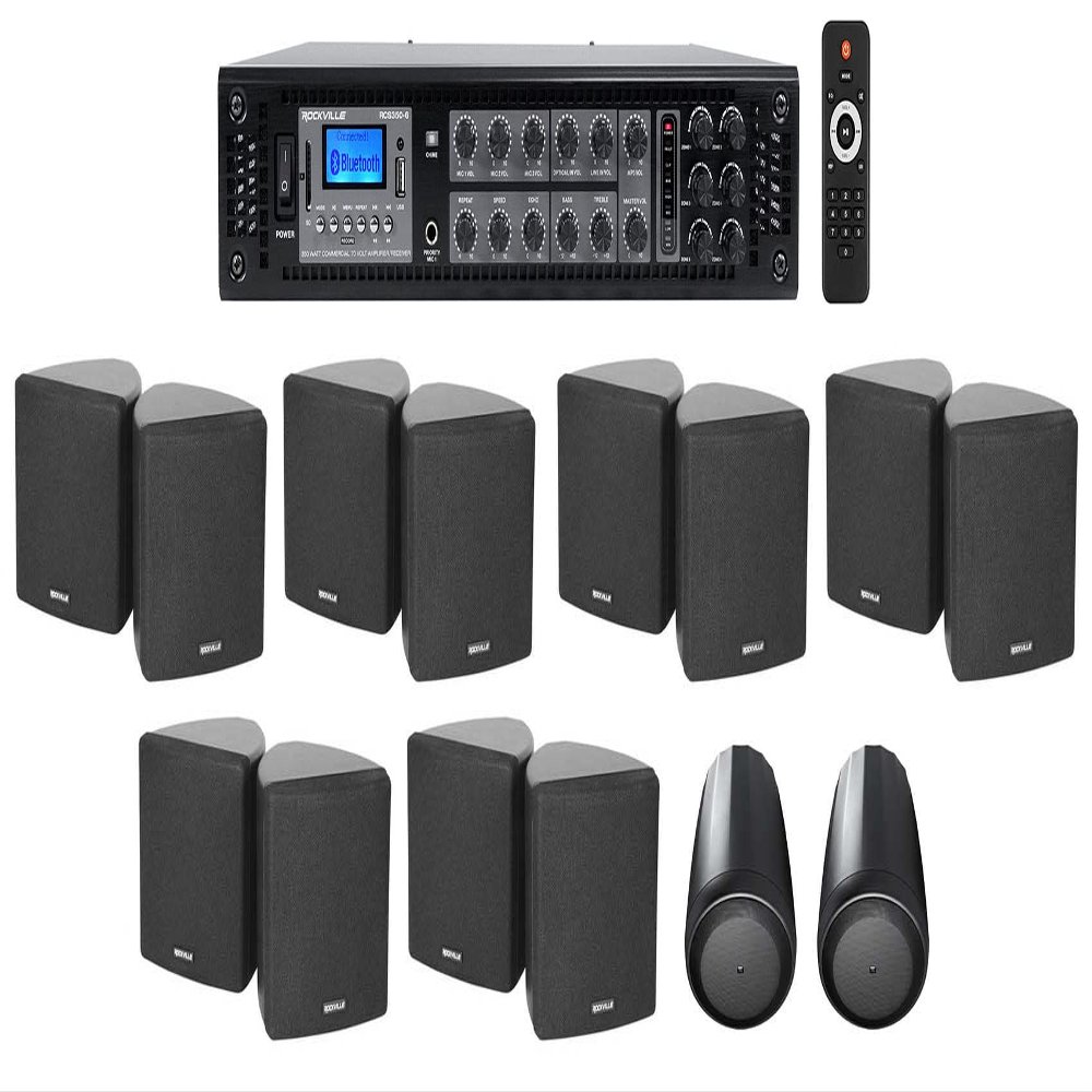 Rockville 6-Zone Amp+(12) 3.5" Black Cube+(2) Pendant Speakers for Restaurant/Bar/Cafe